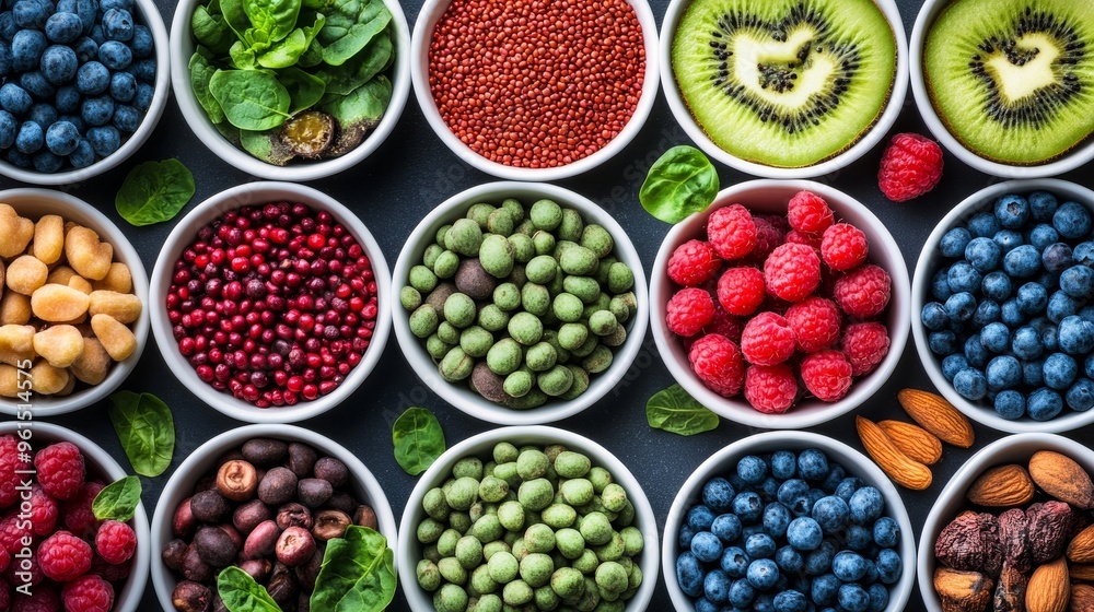 This image showcases a vibrant selection of plant-based foods, symbolizing the variety and nutritional richness of a healthy plant-based diet. It features fresh fruits, vegetables, nuts, seeds, and le This image showcases a vibrant selection of plant-based foods, symbolizing the variety and nutritional richness of a healthy plant-based diet. It features fresh fruits, vegetables, nuts, seeds, and le