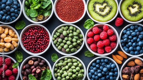 This image showcases a vibrant selection of plant-based foods, symbolizing the variety and nutritional richness of a healthy plant-based diet. It features fresh fruits, vegetables, nuts, seeds, and le