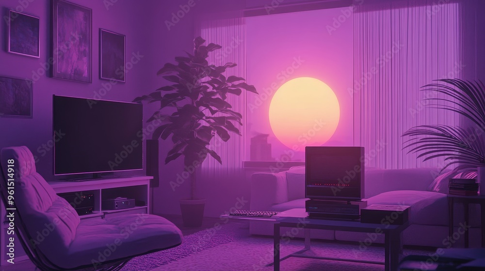 This virtual background features a retro-inspired living room setting ...