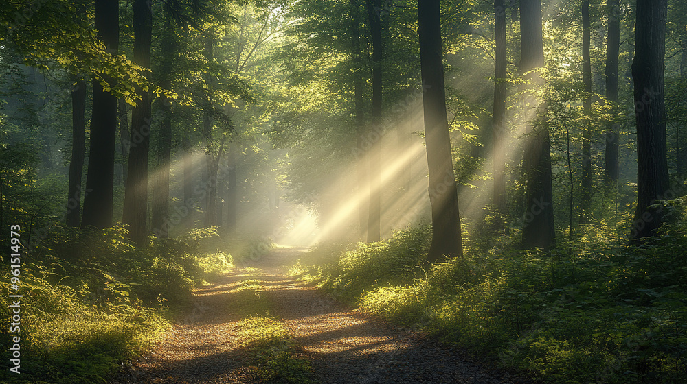 Fototapeta premium The peaceful forest path was shrouded in mist, with tall trees lined up in rows and the sun shining through the branches, creating a Tyndall light effect.
