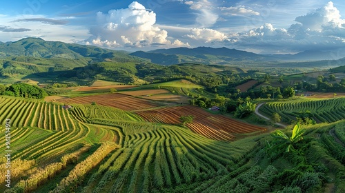 Green Terraced Landscape in Mountains