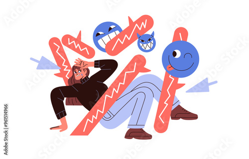 Cyber bulling concept. Girl cries from angry messages, bully in social networks. Teenager suffers from harassment, abuse, violence in internet. Flat isolated vector illustration on white background