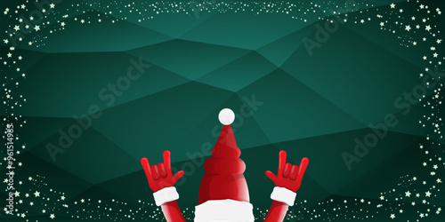 Merry christmas horizontal banner with Santa Claus rock n roll style and santa red hat isolated on green background with stars. Merry Christmas hipster Rock n roll party poster, flyer design template.