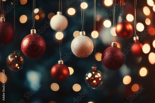 Christmas ornaments hanging against a dark background