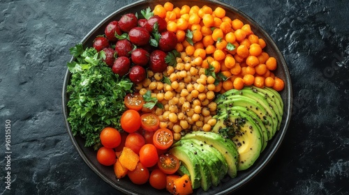 vibrant buddha bowl overflowing with colorful vegetables grains and avocado overhead view on a rustic wooden table with natural light streaming in