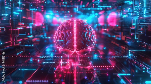 vibrant neon lights  AI Innovation  top view  Neon lights on a digital brain  sci-fi tone  Complementary Color Scheme