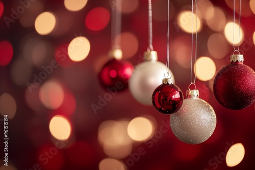 Christmas ornaments hanging against a dark background