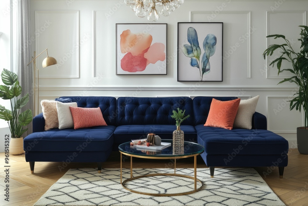 Fototapeta premium Modern Living Room Interior Design with Sectional Sofa and Artwork