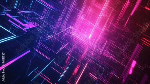 Glowing neon lines in a 3D space, creating an abstract and futuristic background with a strong technological vibe and deep, contrasting colors.