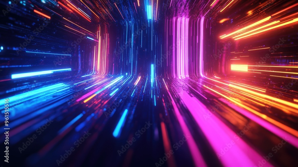 Glowing neon lines in a 3D space, creating an abstract and futuristic background with a strong technological vibe and deep, contrasting colors. Glowing neon lines in a 3D space, creating an abstract and futuristic background with a strong technological vibe and deep, contrasting colors.