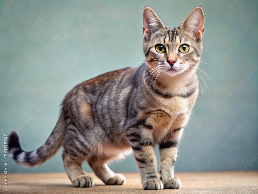 A sleek, short-haired cat with distinctive whisker tufts and a short, curved tail, its grey coat mottled with darker patches.