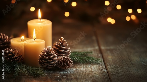 Three lit candles and pine cones are arranged on a rustic wooden tabletop, creating a warm and inviting atmosphere. The soft glow of the candles and the natural elements symbolize peace, warmth, and t photo