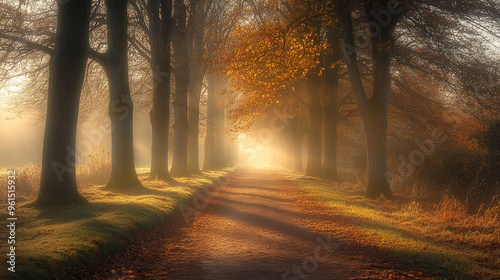 The peaceful forest path was shrouded in mist, with tall trees lined up in rows and the sun shining through the branches, creating a Tyndall light effect. photo