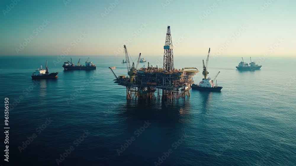 High-altitude shot of an offshore oil rig construction area, surrounded by calm ocean waters and multiple support vessels. High-altitude shot of an offshore oil rig construction area, surrounded by calm ocean waters and multiple support vessels.