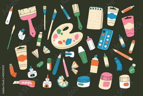 Hand drawn art supplies set: paint tubes, brushes, pencils, watercolor, palette, crayons. Drawing and painting tools. Flat collection of isolated vector elements on black. Art classes and workshops