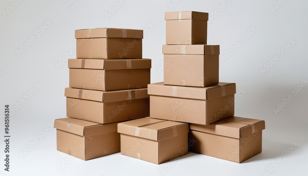 Fototapeta premium Pile boîtes cartons emballages marrons mur. Envoi expédition commande déménagement. Fond blanc élément isolés.
