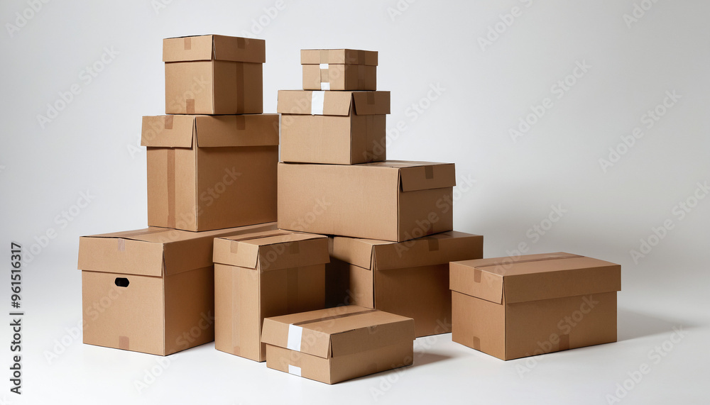 Pile boîtes cartons emballages marrons mur. Envoi expédition commande déménagement. Fond blanc élément isolés. Pile boîtes cartons emballages marrons mur. Envoi expédition commande déménagement. Fond blanc élément isolés.