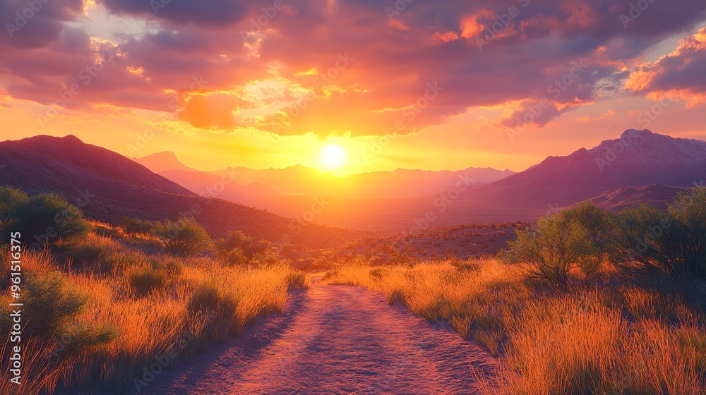 A beautiful sunset over a desert landscape. The sky is filled with clouds and the sun is setting, casting a warm glow over the land. The scene is serene and peaceful A beautiful sunset over a desert landscape. The sky is filled with clouds and the sun is setting, casting a warm glow over the land. The scene is serene and peaceful