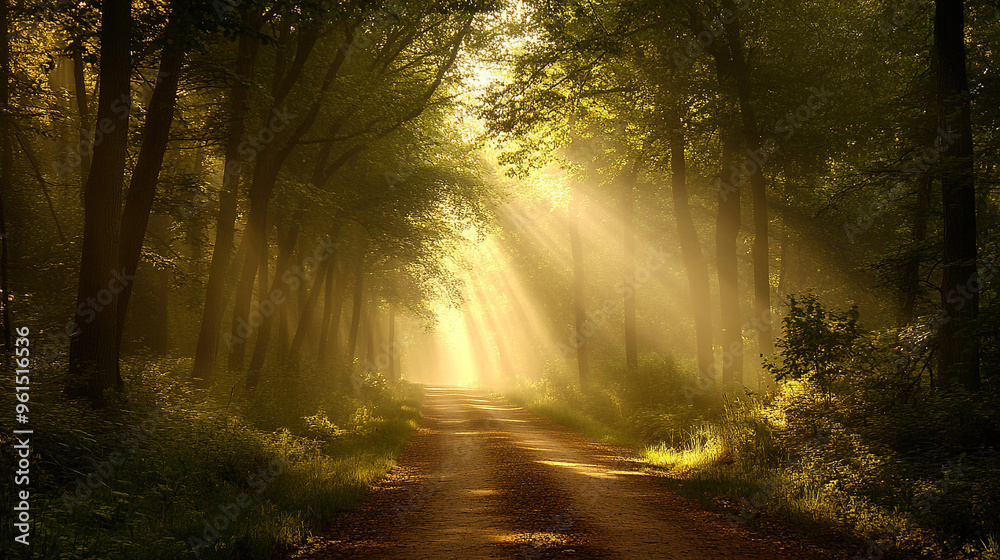 The peaceful forest path was shrouded in mist, with tall trees lined up in rows and the sun shining through the branches, creating a Tyndall light effect. The peaceful forest path was shrouded in mist, with tall trees lined up in rows and the sun shining through the branches, creating a Tyndall light effect.