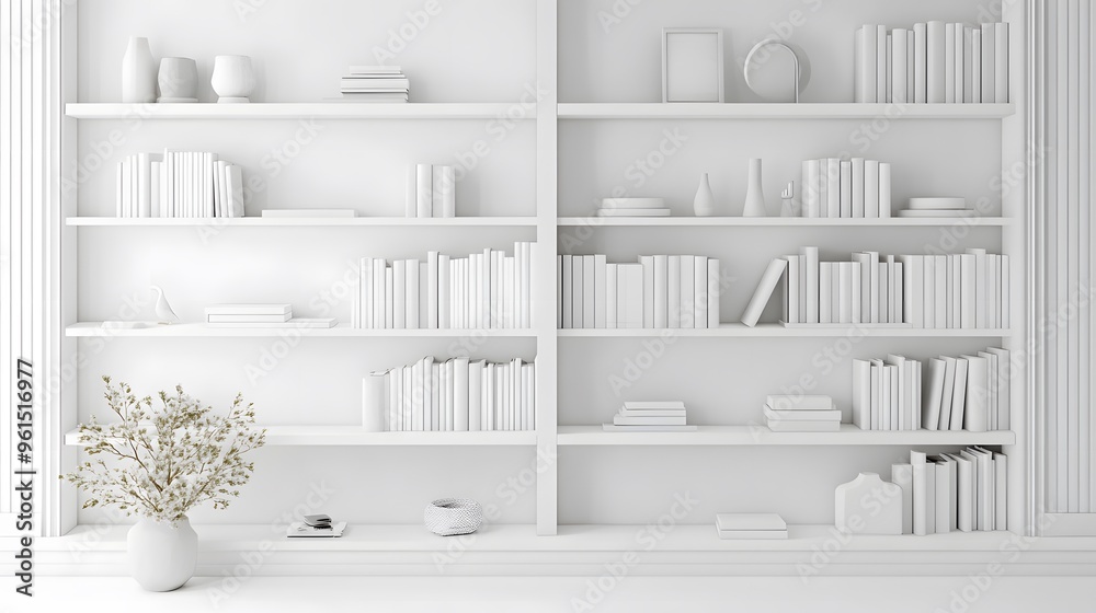 A clean, white bookshelf with neatly arranged books and minimal decor A clean, white bookshelf with neatly arranged books and minimal decor
