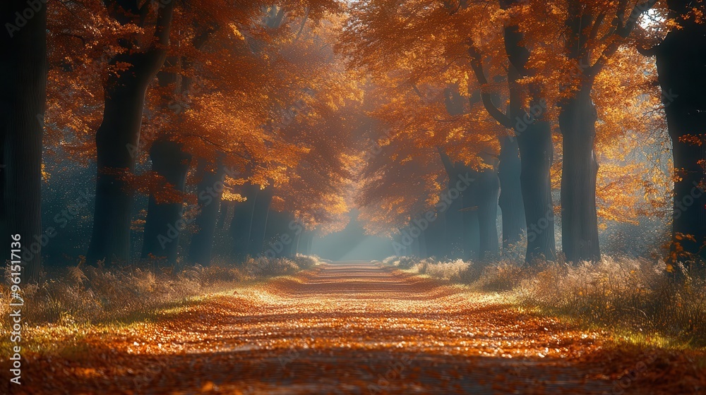 enchanted forest path covered in vibrant autumn leaves dappled sunlight ...