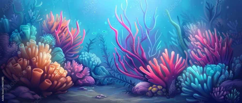 corals and seaweed on the blue ocean floor bathed in sunlight filtering through the water corals and seaweed on the blue ocean floor bathed in sunlight filtering through the water