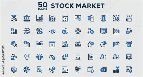 Set of 50 outline icons related to Stock Market. Linear icon collection. Editable stroke. Vector illustration