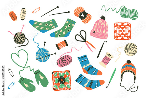 Handmade Kit. Knitting and Crochet Icons Set: thread, needles, yarn balls, warm handmade clothes. Art, DIY,  hobby, craft workshop supplies. Hobby tools collection. Flat vector habdcraft illustration
