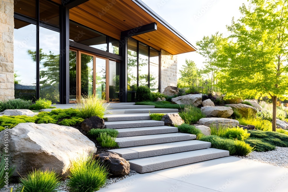 Obraz premium Modern Home Entrance with Stone Steps and Lush Landscaping.