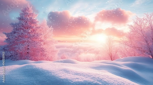 enchanted winter wonderland with gently falling snowflakes fluffy cumulus clouds tinged with pastel hues soft diffused light creating a magical atmosphere photo