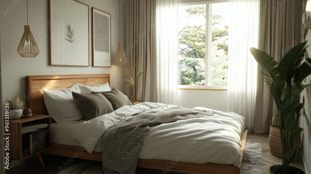 Fototapeta premium Minimalist bedroom interior with a comfortable bed, stylish furnishings, and coastal vibes.