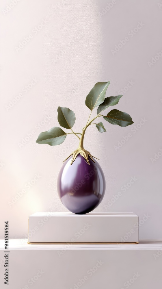 Chrome podium with golden detailing showcasing a glossy eggplant in an exquisite display.