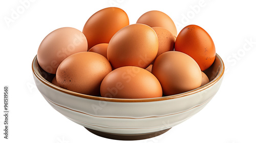 eggs arranged in bowl, studio view, isolated on transparent background.