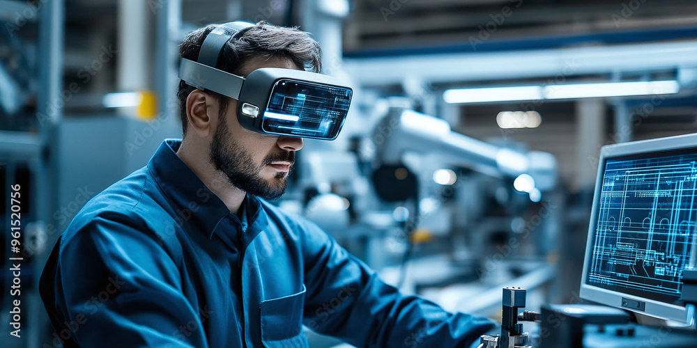 engineer using AR glasses in smart factory robots on assembly line displaying holographic data from IOT sensors engineer using AR glasses in smart factory robots on assembly line displaying holographic data from IOT sensors