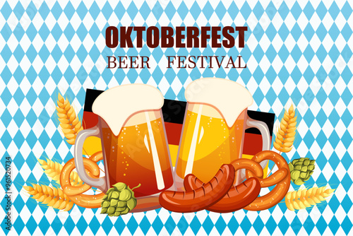 Oktoberfest beer festival. Beer glasses, pretzels, sausages on a background of blue and white rhombuses. Vector illustration.