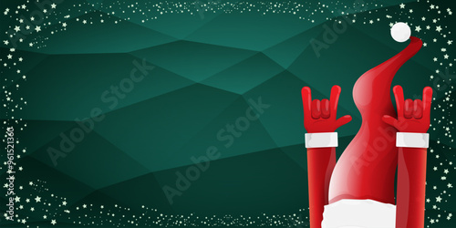 Merry christmas horizontal banner with Santa Claus rock n roll style and santa red hat isolated on green background with stars. Merry Christmas hipster Rock n roll party poster, flyer design template.