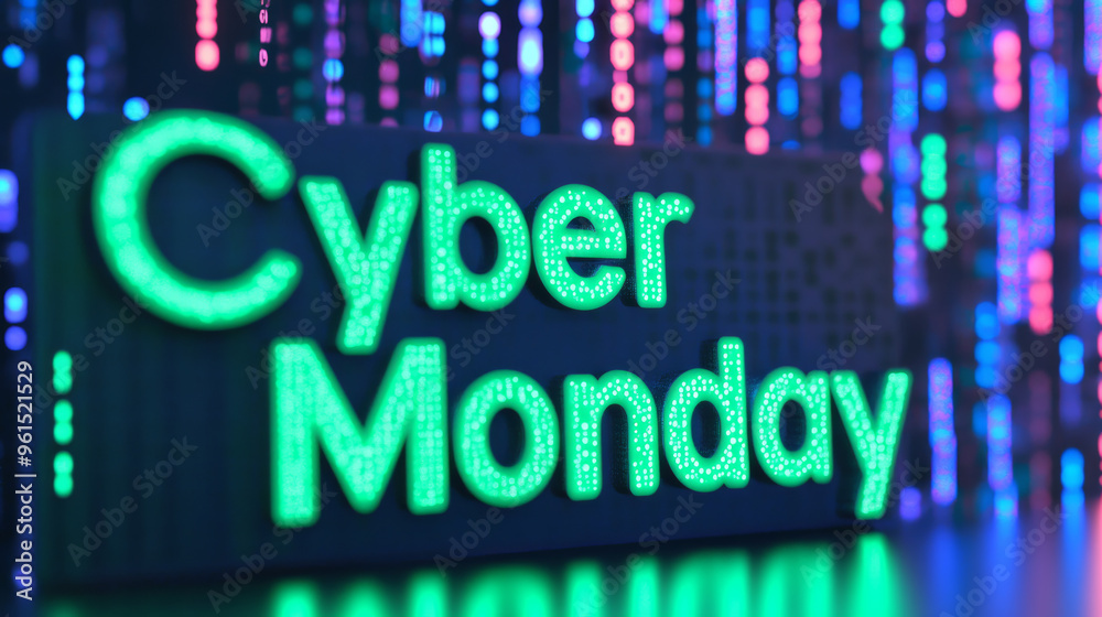 3D Cyber Monday text in glowing emerald green on a digital festive background with binary codes and bright lights 3D Cyber Monday text in glowing emerald green on a digital festive background with binary codes and bright lights