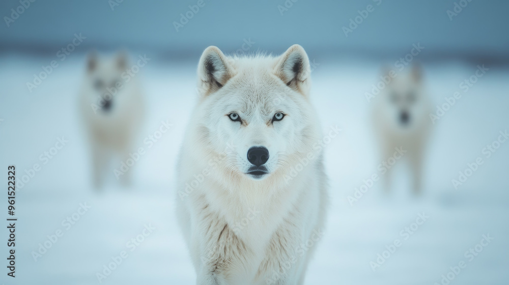 Obraz premium Arctic wolves moving through deep snow in a remote wilderness alert eyes and thick fur built for the cold 