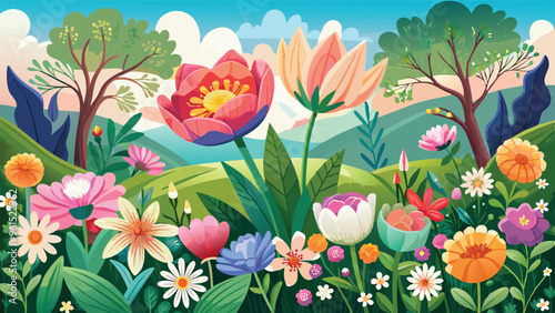 Spring flowers in bloom river vector art illustration