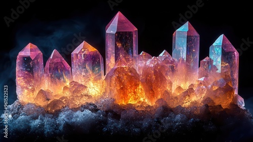 ethereal gemstone tableau rare donnayite crystal cluster iridescent facets cosmic black backdrop bannerstyle composition photo