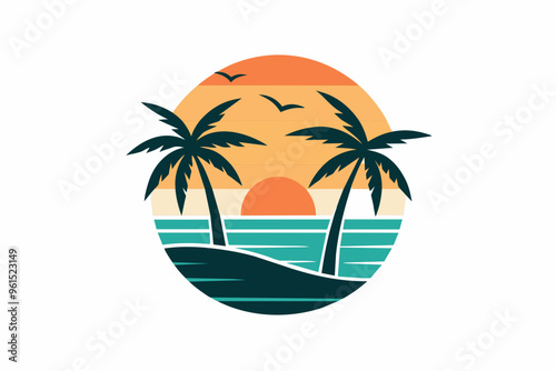  Beach with palms tree and sunset t-shirt design vector art illustration 