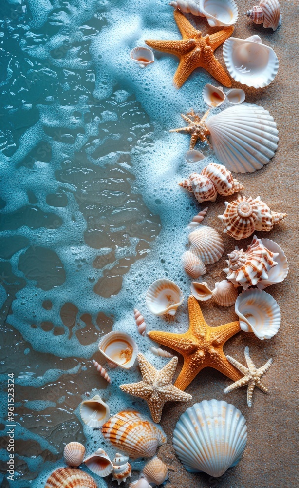 Seashells and Starfish on Sandy Beach Seashells and Starfish on Sandy Beach