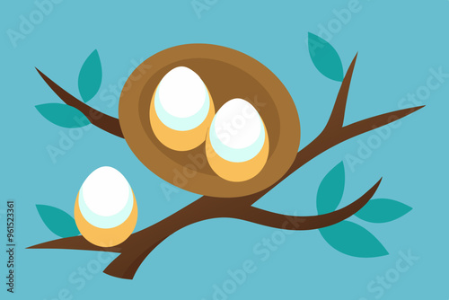 Birds make nests in tree branches and lay eggs
