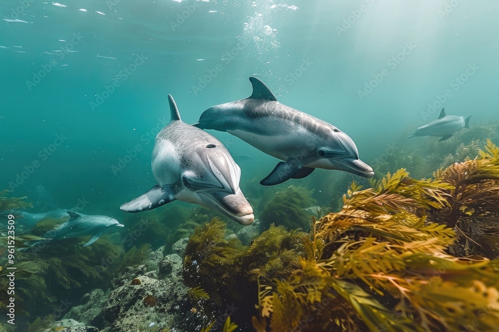 Obraz premium Underwater View of Dolphins Swimming in the Deep Blue Ocean