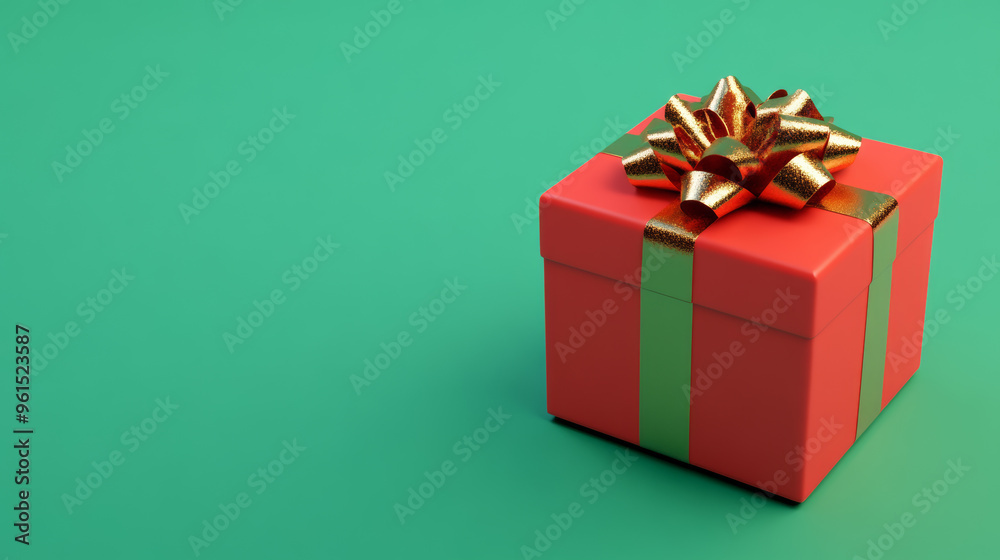 Fototapeta premium Bright red gift box with a golden bow isolated on a plain green background 