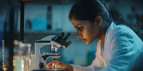 Indian female scientist use biotechnology to concentrate adults under microscope photo