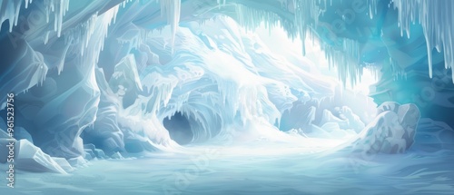  A large ice cave, adorned with copious amounts of ice and snow, clings to the walls and ceiling photo