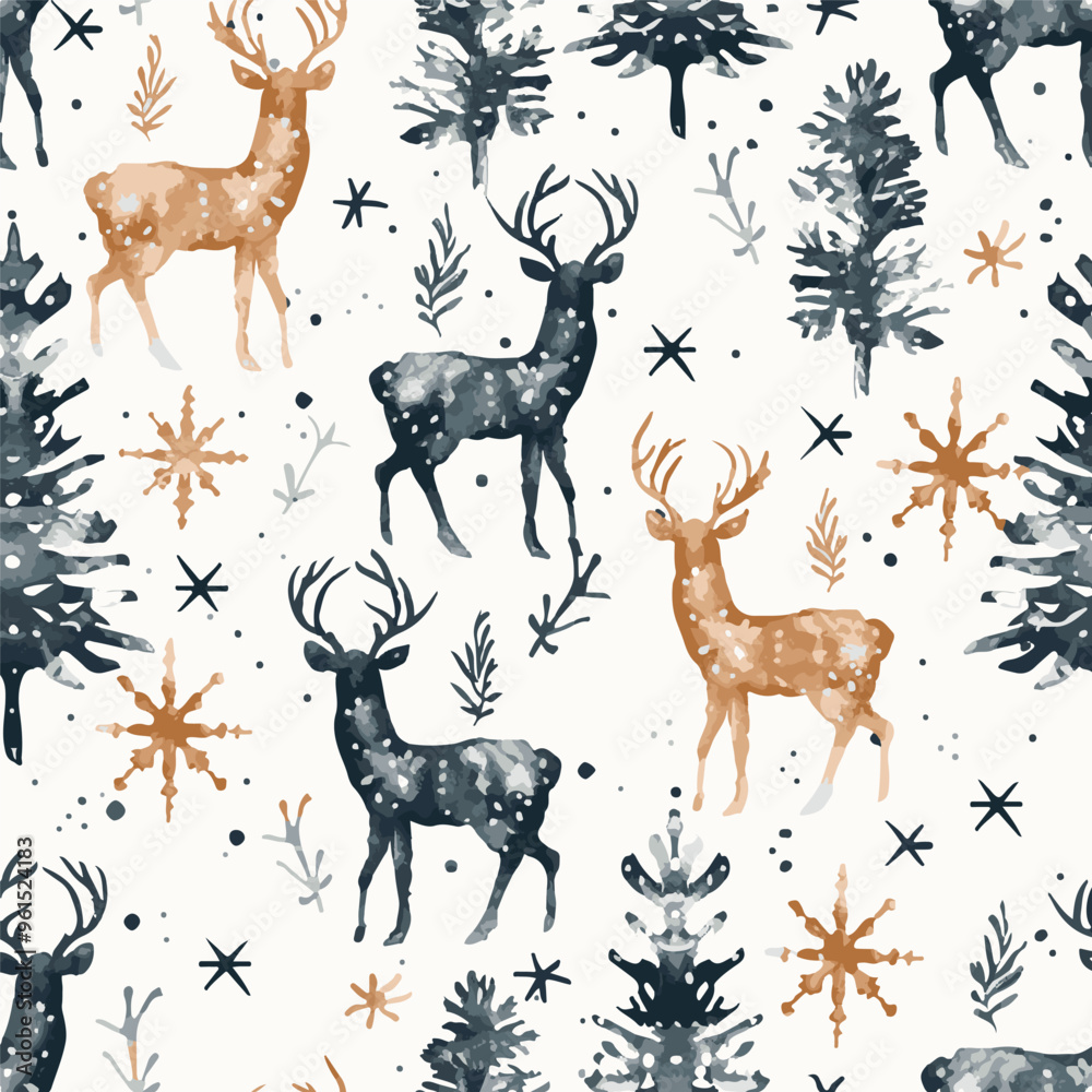 a pattern with deer on a light background. Christmas print with Christmas trees and snowflakes a pattern with deer on a light background. Christmas print with Christmas trees and snowflakes