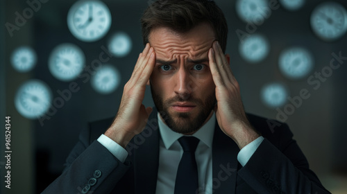 Business professional clutching their head as a chaotic whirlwind of paperwork, deadlines, and clocks swirl around, highlighting stress with contrasting dark and bright colors 