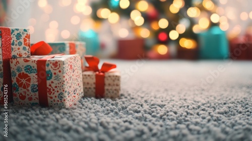 A collection of festively wrapped gifts on a soft, carpeted floor with a blurred background of a brightly lit Christmas tree and warm illumination.